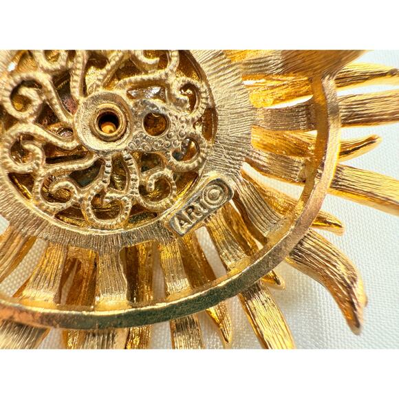 Vintage ART Brooch Signed Sunflower Faux Pearl Rhinestone Pin 1960s - Picture 7 of 9